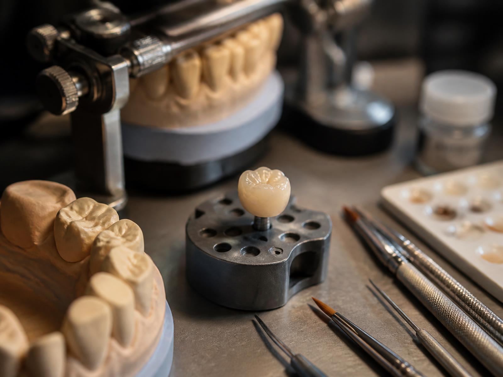 Dental laboratory bench with crown work in progress