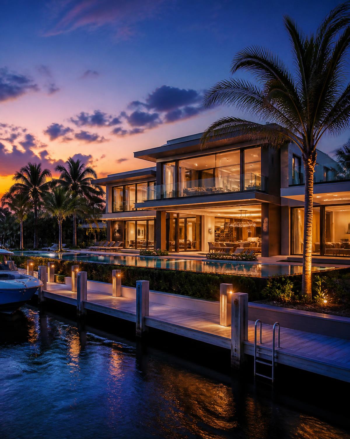Waterfront South Florida estate at twilight